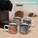 Tazas de Espresso de Cerámica Elyese - Juego de 4, 5 oz, Hechas a Mano, Iznik Carnation, aptas para microondas y lavavajillas