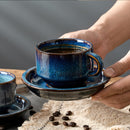 JIEMEI HOME: Tazas Cappuccino de Porcelana Apilables con Platillos y Soporte de Metal, 7 onzas, Juego de 4, Azul Profundo