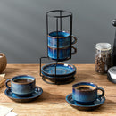 JIEMEI HOME: Tazas Cappuccino de Porcelana Apilables con Platillos y Soporte de Metal, 7 onzas, Juego de 4, Azul Profundo