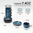 JIEMEI HOME: Tazas Cappuccino de Porcelana Apilables con Platillos y Soporte de Metal, 7 onzas, Juego de 4, Azul Profundo