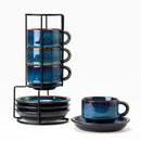 JIEMEI HOME: Tazas Cappuccino de Porcelana Apilables con Platillos y Soporte de Metal, 7 onzas, Juego de 4, Azul Profundo