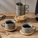 LUKA: Juego de 4 tazas de espresso de porcelana apilables 6 oz con platillos y soporte de metal, gris