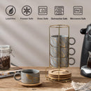 LUKA: Juego de 4 tazas de espresso de porcelana apilables 6 oz con platillos y soporte de metal, gris