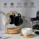 LUKA – Juego de 4 tazas de cerámica para café expreso con platillos y soporte de metal, 237 ml, blanco y negro