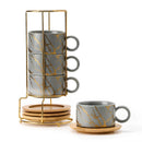 LUKA: Juego de 4 tazas de espresso de porcelana apilables 6 oz con platillos y soporte de metal, gris