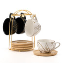 LUKA – Juego de 4 tazas de cerámica para café expreso con platillos y soporte de metal, 237 ml, blanco y negro